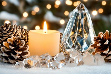 Warm Candlelight and Crystal Elegance: Festive Winter Still Life with Pinecones