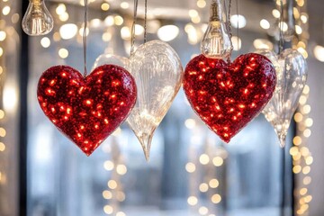 Illuminated Red and Clear Heart Ornaments Hanging Against a Bokeh Background