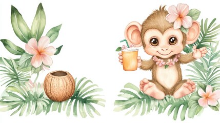 Naklejka premium Cute Monkey Enjoying a Tropical Drink Surrounded by Lush Foliage