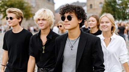 Young friends enjoy a sunny day, dressed in stylish black and white, displaying a relaxed yet trendy vibe as they stroll through the street