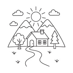 Simple Line Drawing of a Cozy Mountain Home