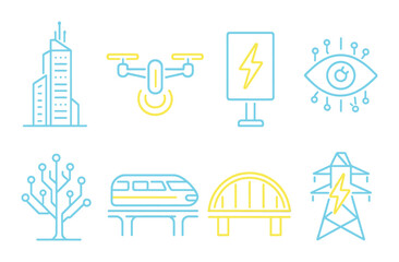 Futuristic city icons set &ndash; outline, digital and modern urban symbols