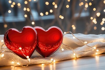 Two Glossy Red Hearts with Fairy Lights, Romantic Valentine's Day Bokeh.