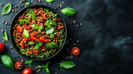 Vibrant Vegan Pasta Bowl: Fresh Ingredients, Dark Background, Artistic Food Photography