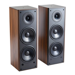 Fototapeta premium Pair of tall wooden floor standing speakers with black speaker cones and drivers, designed for high quality o playback and home theater systems