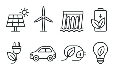 Sustainable energy icons set – outline, eco-friendly and renewable energy symbols