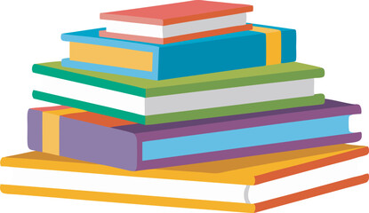 Multiple colorful books are stacked on top of each other in a stylized illustration