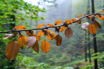 Autumnal Branch with Golden Leaves and Dew-Kissed Spiderweb in Misty Forest