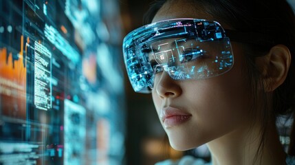 Young Woman Using Augmented Reality Glasses with Futuristic Interface