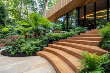 Modern Wood House with Curved Steps and Lush Greenery in a Tranquil Garden Setting