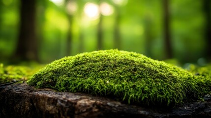 Lush Emerald Moss Mound on Forest Floor, Soft Sunlight Backlighting, Close-Up Macro Photography