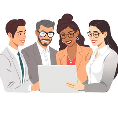 A group of four executives are collaborating on a laptop. The group includes men and women of different ages and backgrounds.