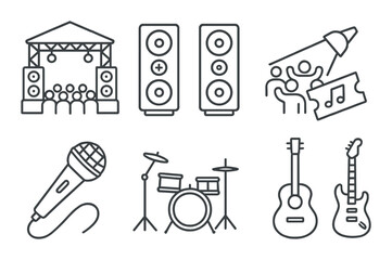 Obraz premium Music festival icons set – outline, concert and event symbols for promotions