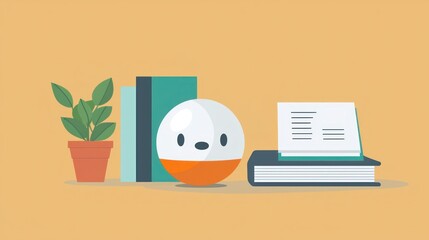 Playful Robot Companion with Books and Plant on a Stylish Background