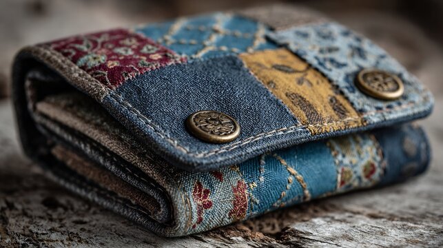 Handmade upcycled denim wallet patchwork details centered on pale wood background