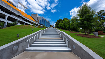 Long Stairway Leading to Stadium Under Blue Sky With Cloud Green Lawn and Tree Architecture