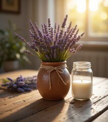 Still life featuring lavender bouquet and candle on rustic wooden table