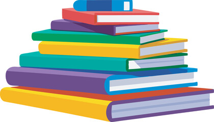 Multiple colorful books are stacked on top of each other in a stylized illustration