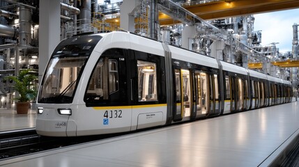 A sleek white and yellow train travels through a vibrant city with futuristic architecture, highlighted by striking blue neon accents