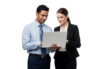 Fototapeta na wymiar business asian man and european women holding a laptop on transparent