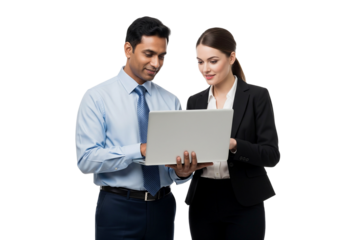 business asian man and european women holding a laptop on transparent