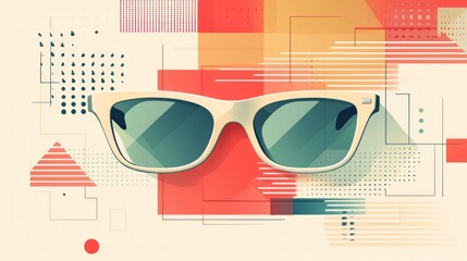 Stylish Sunglasses on Abstract Colorful Background with Shapes
