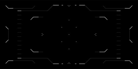 Futuristic HUD interface with cyberpunk elements. Tech overlay features glitchy reticle, radar, data frames and FPV view. Digital GUI for drone, game or sci fi video screen. Clean circular design.