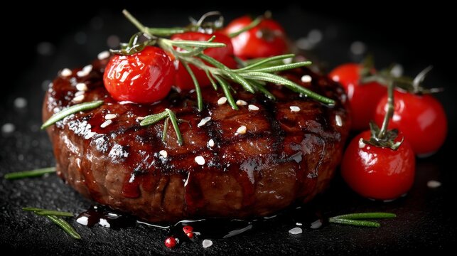 The assembly of a gourmet bison burger is an artistic process that incorporates heirloom tomatoes and microgreens