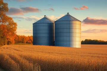 Harvest Season: Silos Stand Tall Beside a Sunset-Kissed Field in an Agricultural Landscape