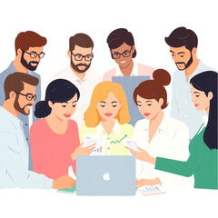 Fototapeta premium A group of nine team members are looking at financial data. They appear focused and collaborative, with laptops and notes in front of them.