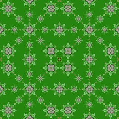 seamless pattern with snowflakes,draw carrots,leaves,flowers,stsrs with curve lines,square,circles,green background in geometric patterns to make sarong,tile,fabric,printed fabric,tablecloth patterns.