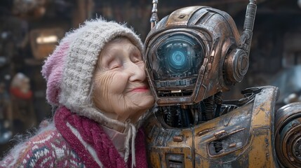 An autumn park is the setting where an elderly woman is enjoying time with a friendly AI device