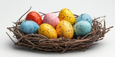 Obraz premium Colorful decorated eggs in a nest create a festive atmosphere for the spring holiday season