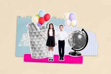 Trendy art creative full pop photo collage of two happy schoolboy schoolgirl stand together air...