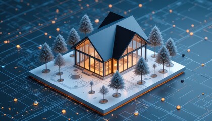 Futuristic house design surrounded by glowing technological networks concept