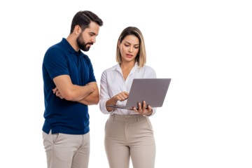 young couple with laptop on transparent