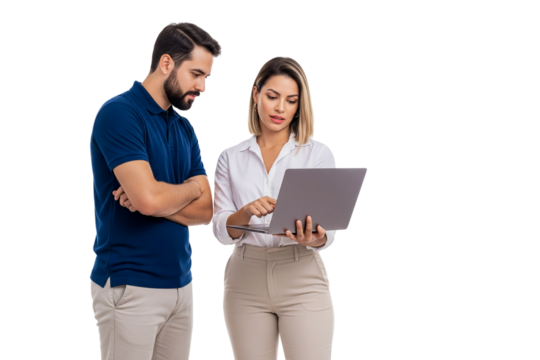young couple with laptop on transparent