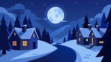 Naklejka premium Photo of houses are covered in snow under a full moon at night