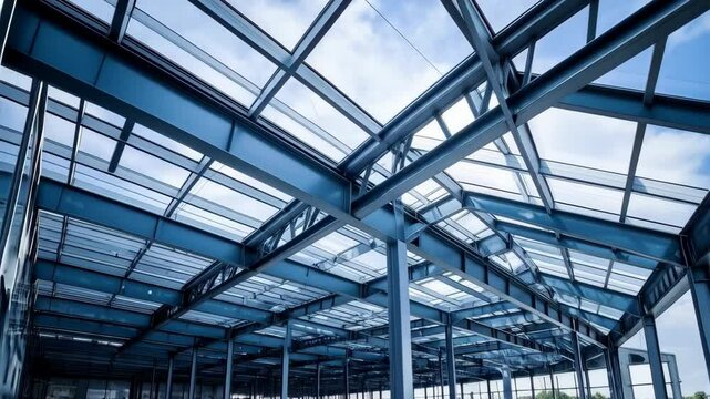 Construction site metal structure framework with roof on a sunny day, showing beams, girders, and glass panels against a cloudy sky.