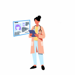Vector of female doctor with tablet reading patient data in a modern 3D corner room background
