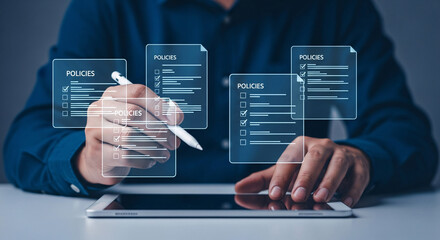 Digital policies checklist with tablet device and stylus for business compliance concept