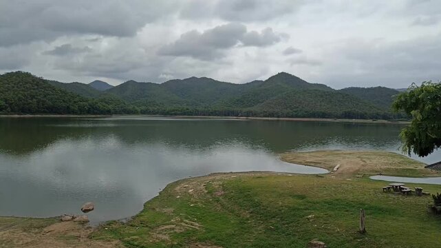 scenic pond lake mountain view. Calm tranquil nature scenery 