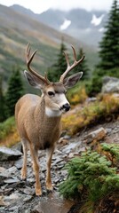 A majestic mule deer stands on the edge of a cliff, surrounded by mountain scenery, as a rainstorm envelops the landscape
