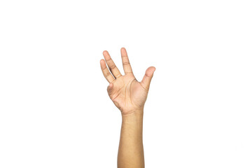 Hand reaching out with open fingers, isolated on white background. Gesture indicating grasping or...