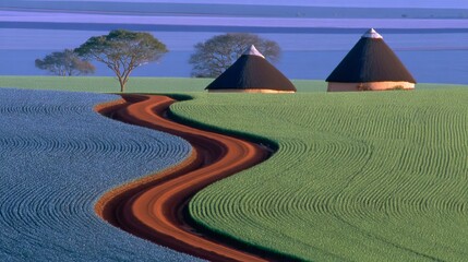 A dramatic sky looms over lush green hills and traditional thatched-roof huts, providing an ideal location for projects focused on nature tourism, cultural heritage, or rural lifestyle