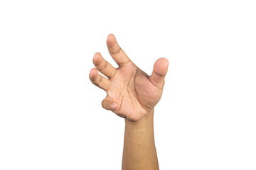 Hand reaching out with open fingers, isolated on white background. Gesture indicating grasping or...