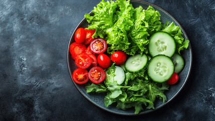 Fresh vegetable salad with sliced cucumbers, cherry tomatoes, and leafy greens on a dark plate over textured background. Healthy eating concept.