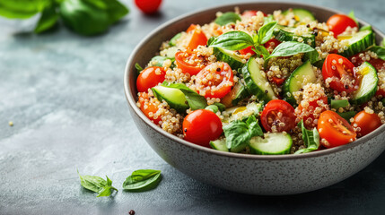 Quinoa salad with sliced cucumbers, cherry tomatoes, and fresh basil served in a rustic bowl on a textured surface. Colorful healthy meal.