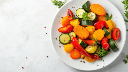 Colorful cooked vegetable mix with carrots, zucchini, and peppers on a white plate over a textured white background. Healthy vibrant meal.