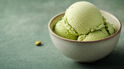 Green pistachio ice cream scoops in a ceramic bowl on a green textured surface. Delicious dessert with creamy texture. Sweet treat.